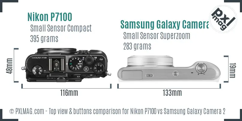 Nikon P7100 vs Samsung Galaxy Camera 2 top view buttons comparison Nikon P7100 vs Samsung Galaxy Camera 2 top view buttons comparison
