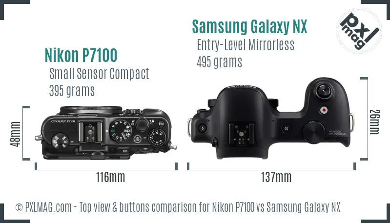 Nikon P7100 vs Samsung Galaxy NX top view buttons comparison