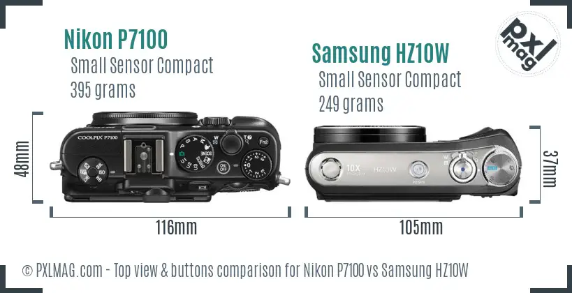 Nikon P7100 vs Samsung HZ10W top view buttons comparison