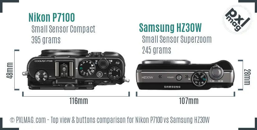 Nikon P7100 vs Samsung HZ30W top view buttons comparison