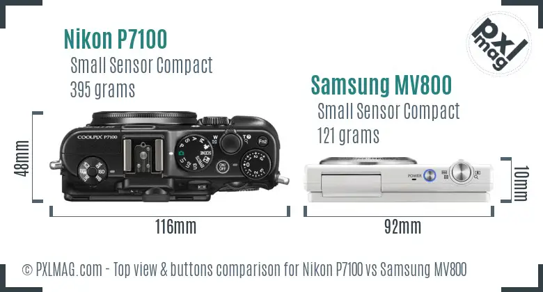 Nikon P7100 vs Samsung MV800 top view buttons comparison