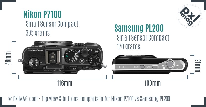 Nikon P7100 vs Samsung PL200 top view buttons comparison