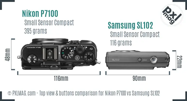 Nikon P7100 vs Samsung SL102 top view buttons comparison