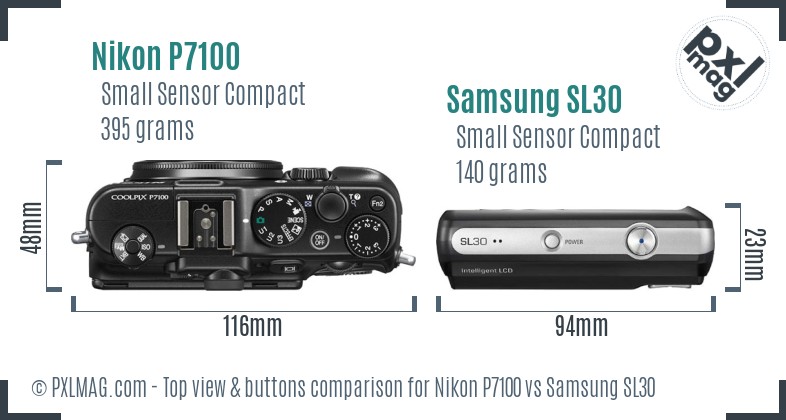 Nikon P7100 vs Samsung SL30 top view buttons comparison