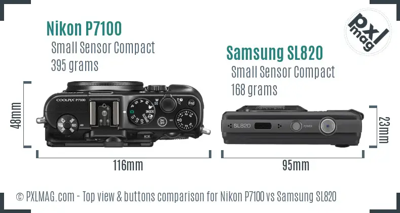 Nikon P7100 vs Samsung SL820 top view buttons comparison Nikon P7100 vs Samsung SL820 top view buttons comparison