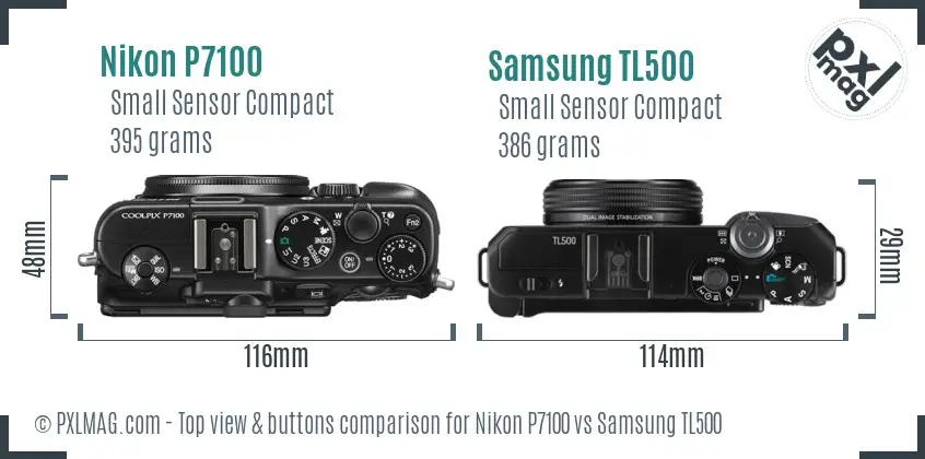 Nikon P7100 vs Samsung TL500 top view buttons comparison Nikon P7100 vs Samsung TL500 top view buttons comparison