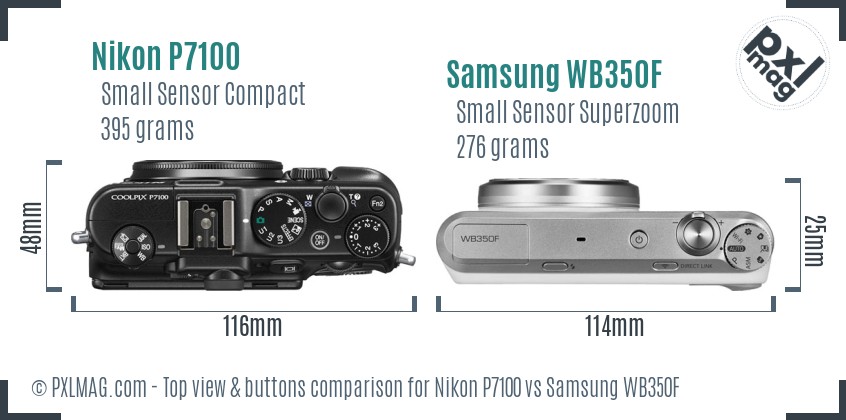Nikon P7100 vs Samsung WB350F top view buttons comparison