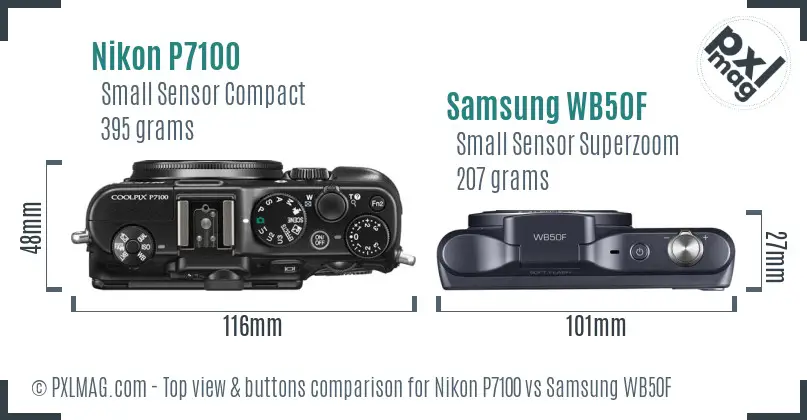 Nikon P7100 vs Samsung WB50F top view buttons comparison