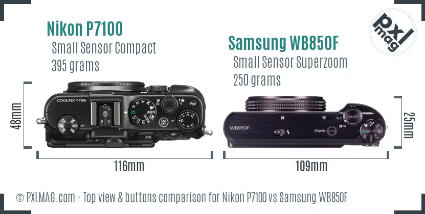 Nikon P7100 vs Samsung WB850F top view buttons comparison