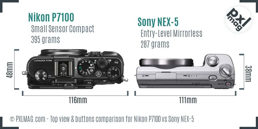 Nikon P7100 vs Sony NEX-5 top view buttons comparison