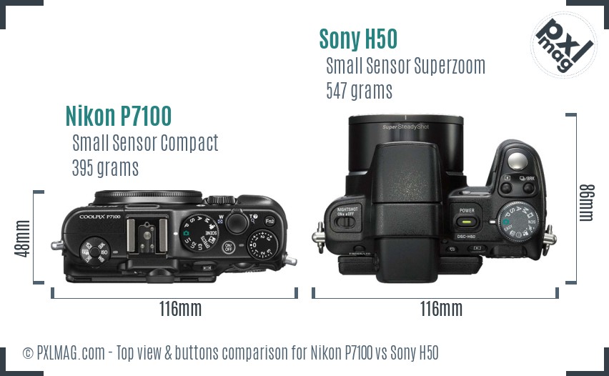 Nikon P7100 vs Sony H50 top view buttons comparison