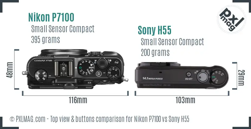 Nikon P7100 vs Sony H55 top view buttons comparison