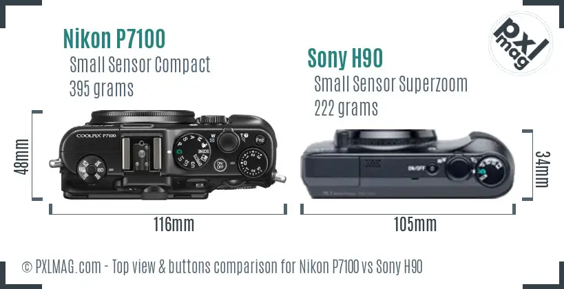 Nikon P7100 vs Sony H90 top view buttons comparison