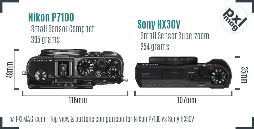 Nikon P7100 vs Sony HX30V top view buttons comparison
