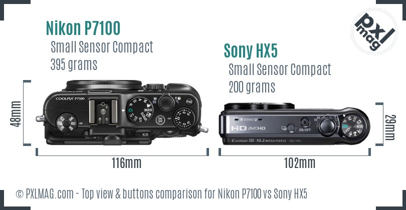 Nikon P7100 vs Sony HX5 top view buttons comparison