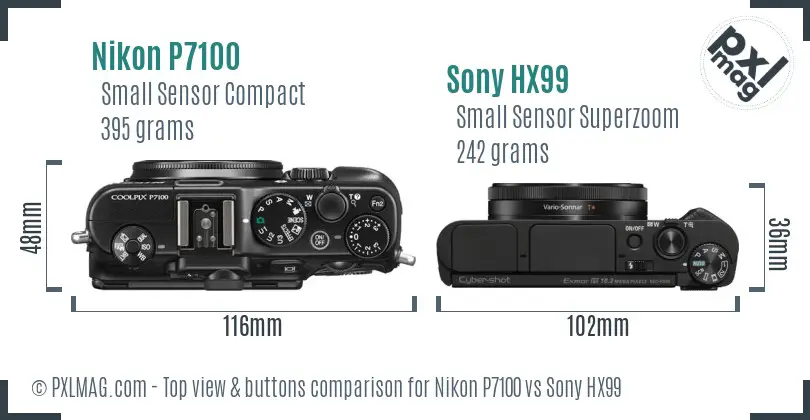 Nikon P7100 vs Sony HX99 top view buttons comparison Nikon P7100 vs Sony HX99 top view buttons comparison