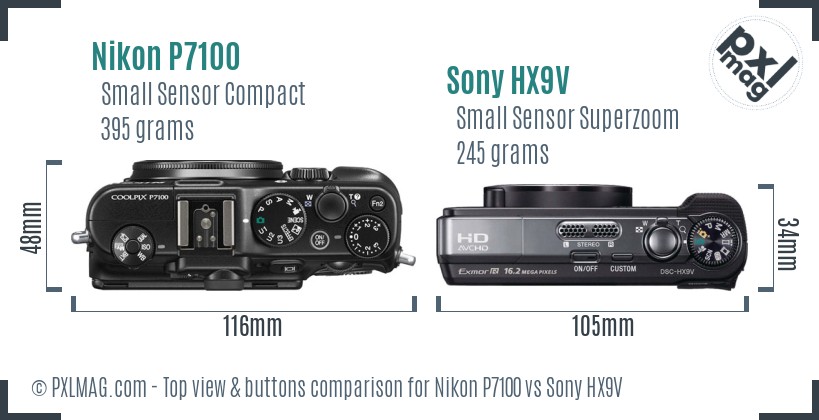 Nikon P7100 vs Sony HX9V top view buttons comparison