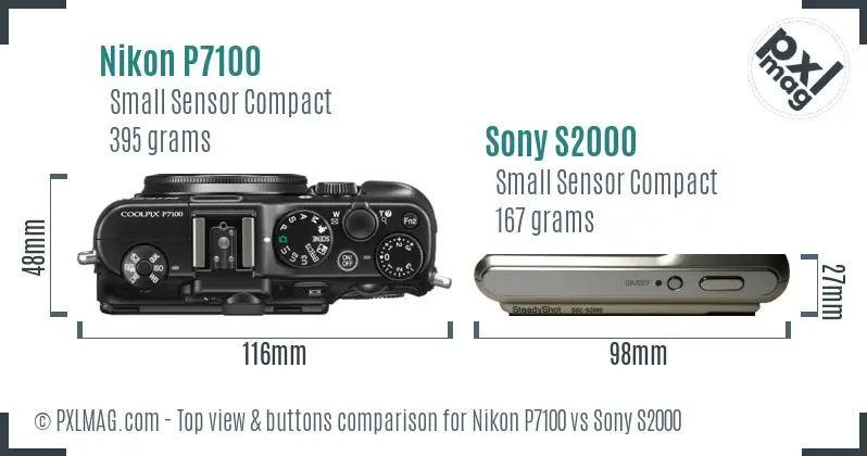 Nikon P7100 vs Sony S2000 top view buttons comparison