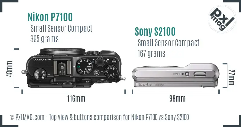 Nikon P7100 vs Sony S2100 top view buttons comparison