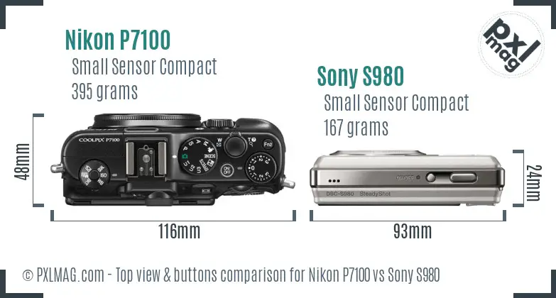 Nikon P7100 vs Sony S980 top view buttons comparison