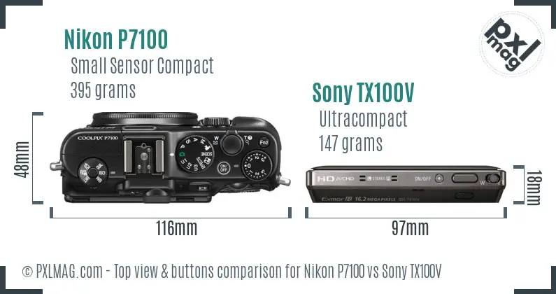 Nikon P7100 vs Sony TX100V top view buttons comparison