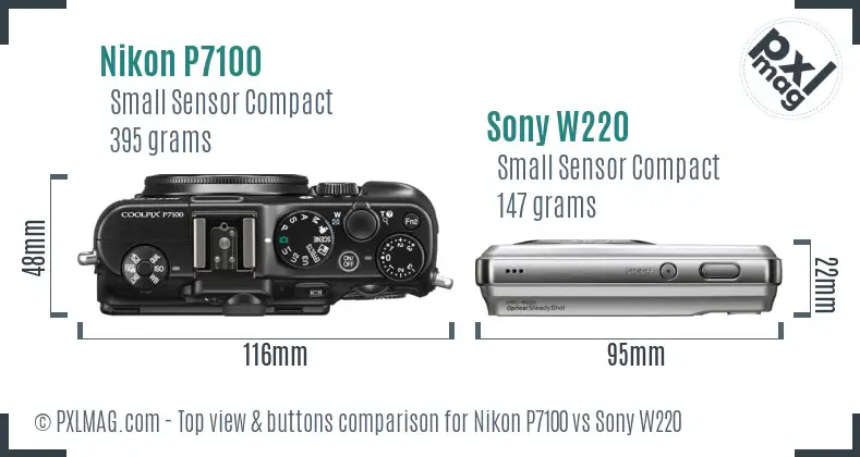 Nikon P7100 vs Sony W220 top view buttons comparison