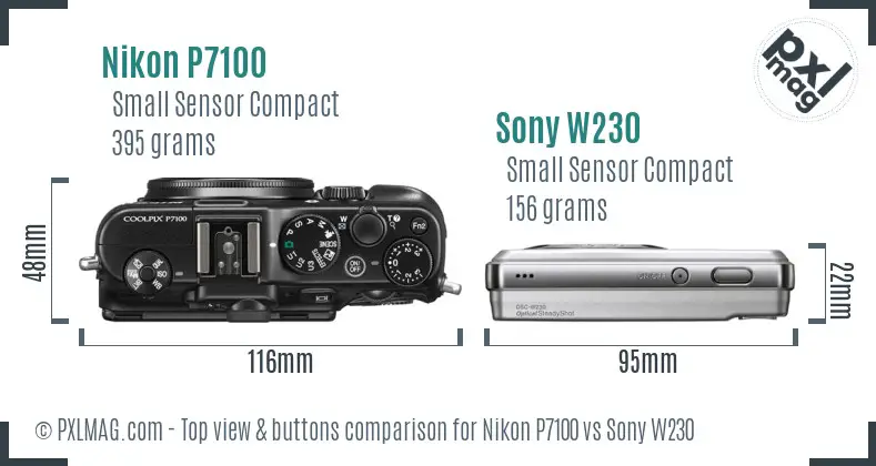 Nikon P7100 vs Sony W230 top view buttons comparison