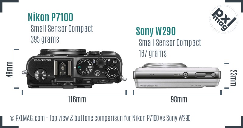 Nikon P7100 vs Sony W290 top view buttons comparison