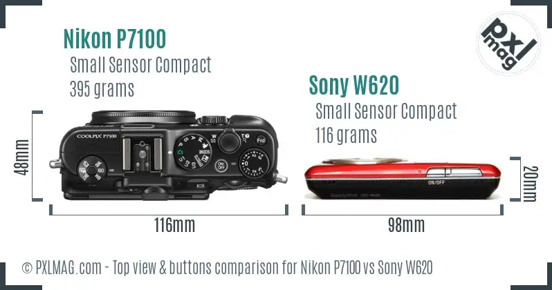 Nikon P7100 vs Sony W620 top view buttons comparison Nikon P7100 vs Sony W620 top view buttons comparison