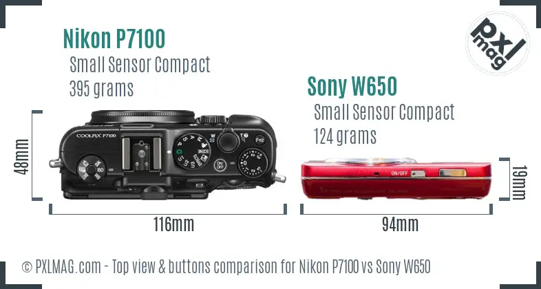 Nikon P7100 vs Sony W650 top view buttons comparison