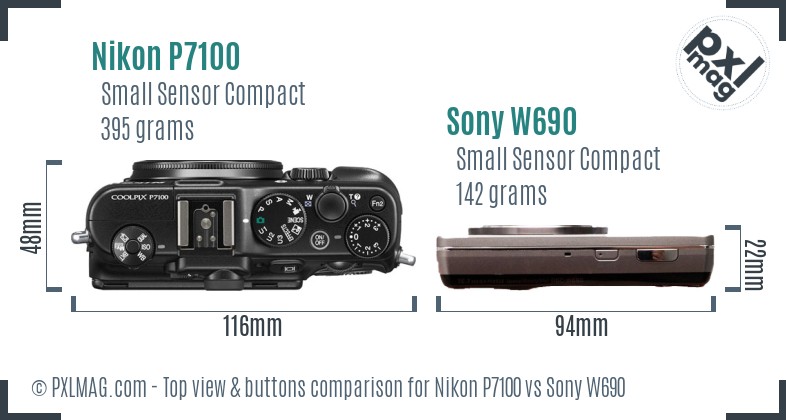 Nikon P7100 vs Sony W690 top view buttons comparison