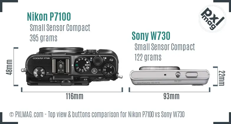 Nikon P7100 vs Sony W730 top view buttons comparison