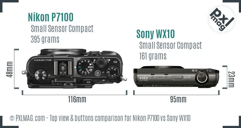 Nikon P7100 vs Sony WX10 top view buttons comparison