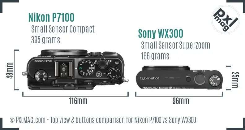 Nikon P7100 vs Sony WX300 top view buttons comparison