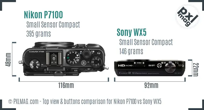 Nikon P7100 vs Sony WX5 top view buttons comparison