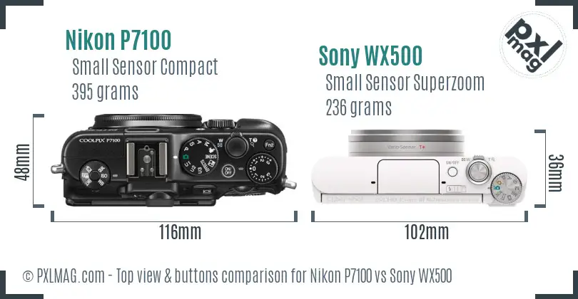 Nikon P7100 vs Sony WX500 top view buttons comparison Nikon P7100 vs Sony WX500 top view buttons comparison