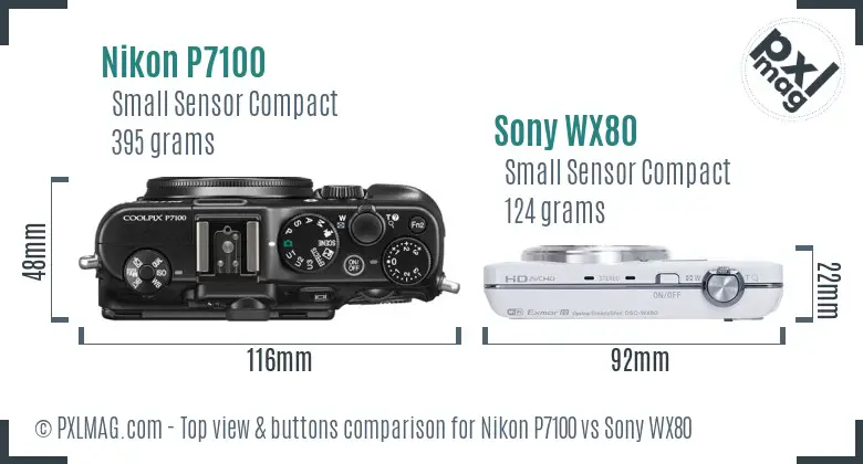 Nikon P7100 vs Sony WX80 top view buttons comparison