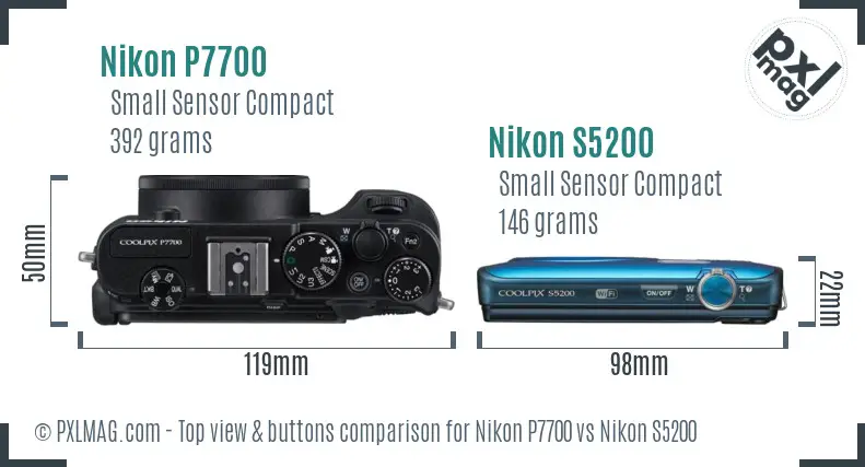 Nikon P7700 vs Nikon S5200 top view buttons comparison
