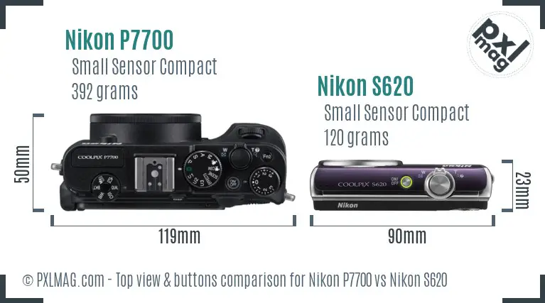 Nikon P7700 vs Nikon S620 top view buttons comparison