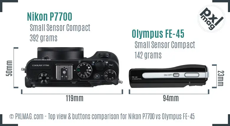 Nikon P7700 vs Olympus FE-45 top view buttons comparison
