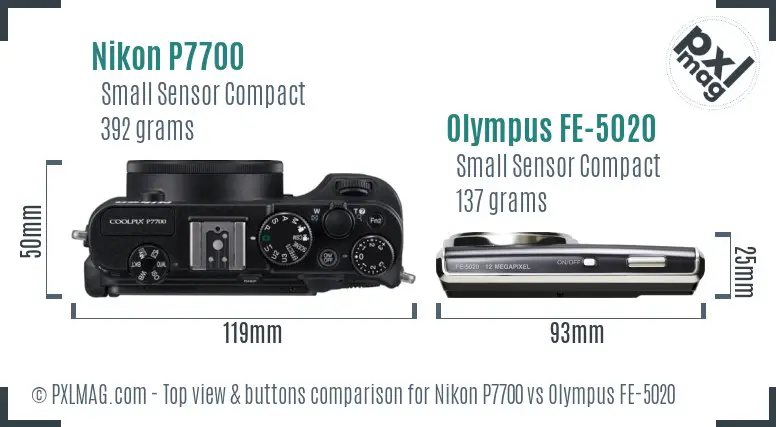 Nikon P7700 vs Olympus FE-5020 top view buttons comparison