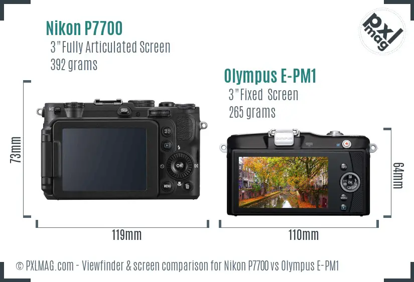 Nikon P7700 vs Olympus E-PM1 Screen and Viewfinder comparison