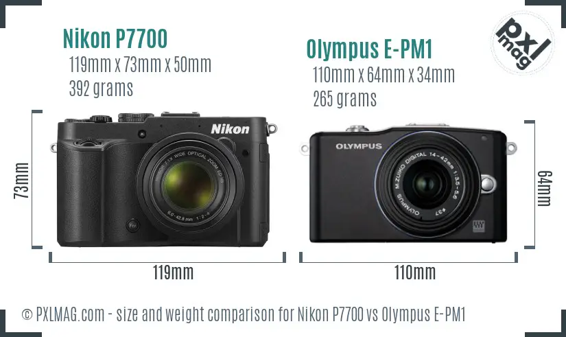 Nikon P7700 vs Olympus E-PM1 size comparison