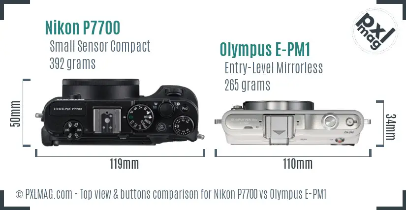 Nikon P7700 vs Olympus E-PM1 top view buttons comparison
