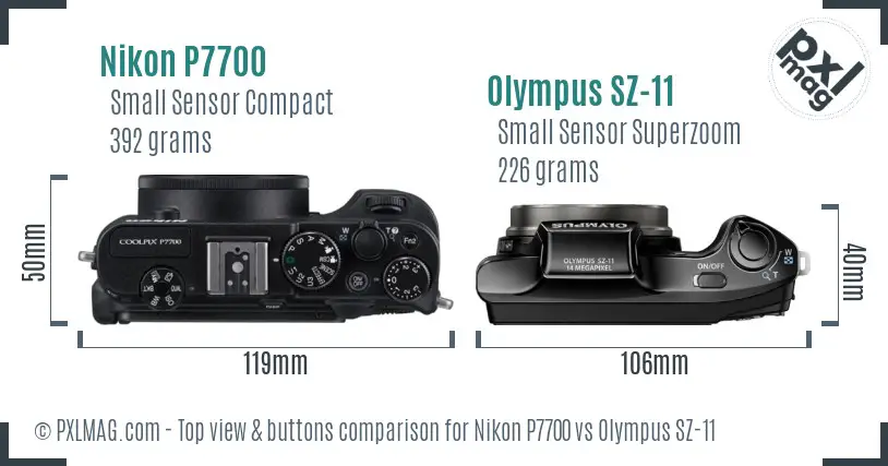Nikon P7700 vs Olympus SZ-11 top view buttons comparison Nikon P7700 vs Olympus SZ-11 top view buttons comparison