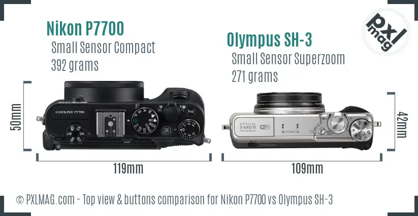 Nikon P7700 vs Olympus SH-3 top view buttons comparison