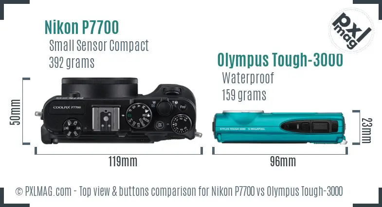 Nikon P7700 vs Olympus Tough-3000 top view buttons comparison