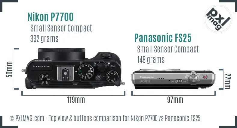 Nikon P7700 vs Panasonic FS25 top view buttons comparison