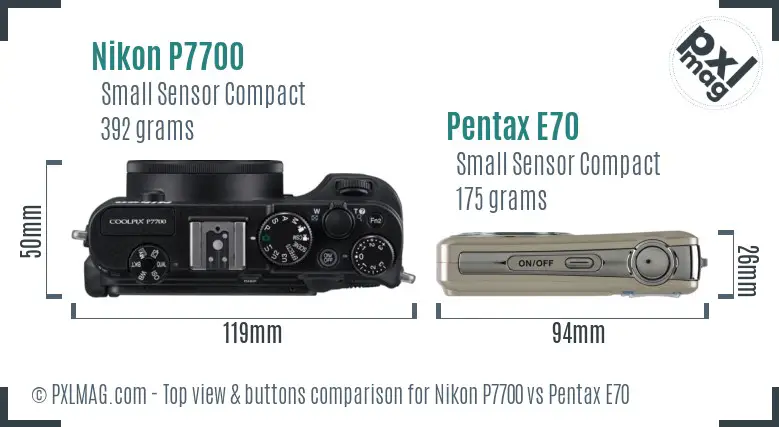 Nikon P7700 vs Pentax E70 top view buttons comparison