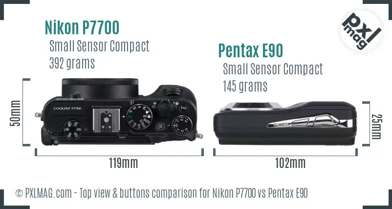 Nikon P7700 vs Pentax E90 top view buttons comparison